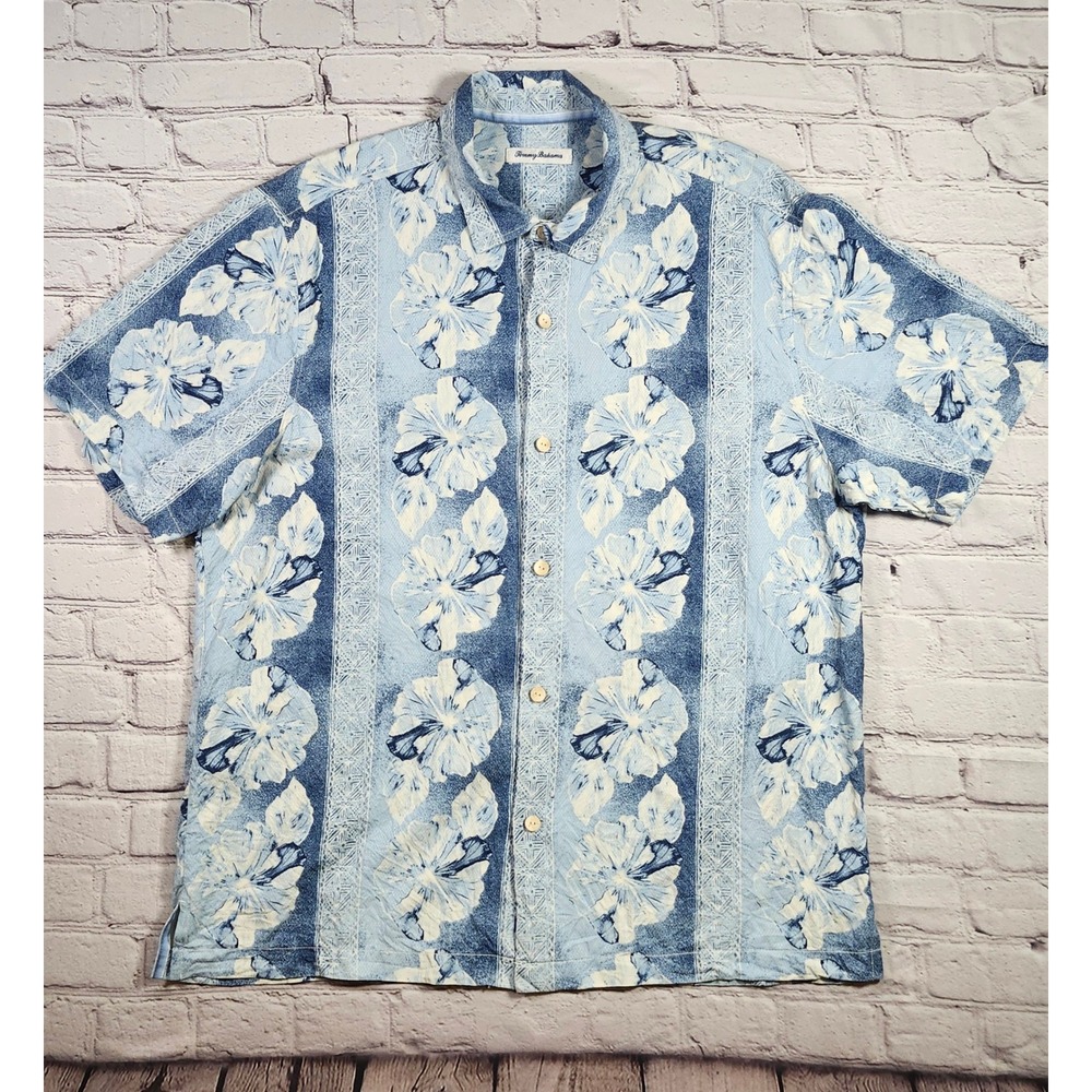 Tommy Bahama Mens XL Blue White Hibiscus Floral 100% Silk Button Down Shirt